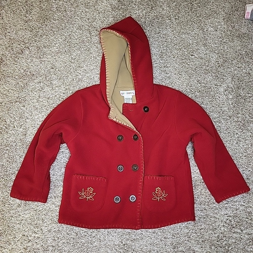 Vintage Y2K GYMBOREE 1999 Red Fleece Coat Embroidered Flower Pockets 3-4 Years